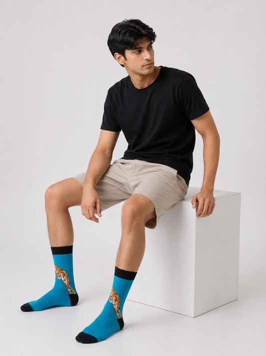 BASIQ Wild Tiger Crew Socks – Turquoise Blue