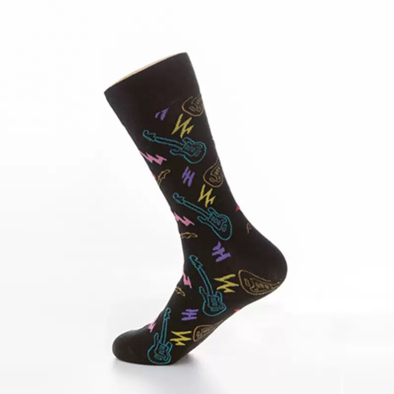 BASIQ Rock & Roll Crew Socks – Black Neon Guitar