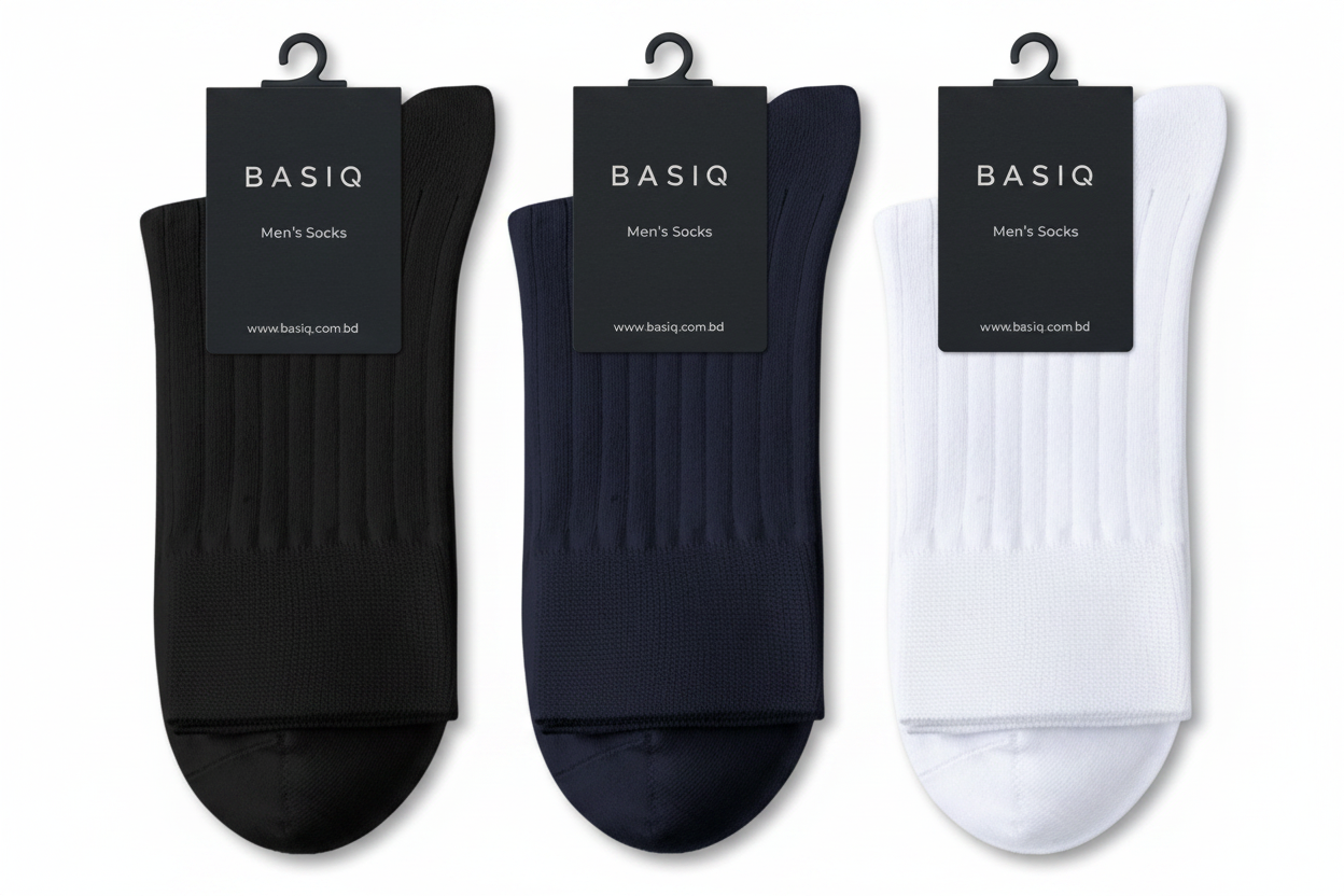BASIQ™ Premium Ribbed Crew Socks – 95% Cotton | 10A Antibacterial | 200 Needle Knit - Black