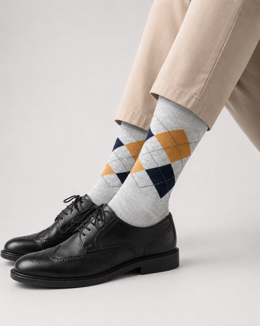 BASIQ Classic Argyle Crew Socks – Light Gray & Mustard