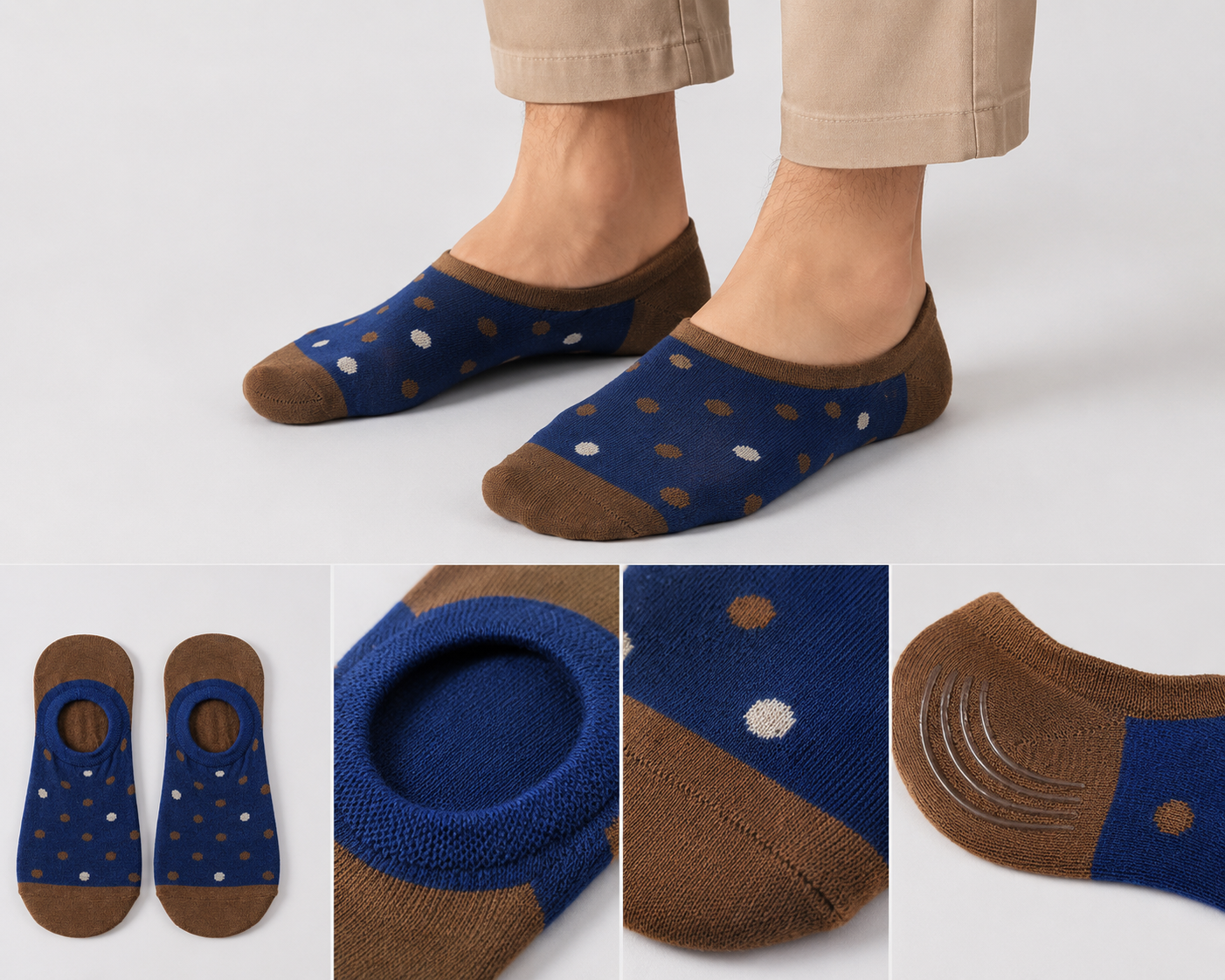 BASIQ Navy Blue Brown No-Show Socks – Non-Slip Invisible Cotton Boat Socks