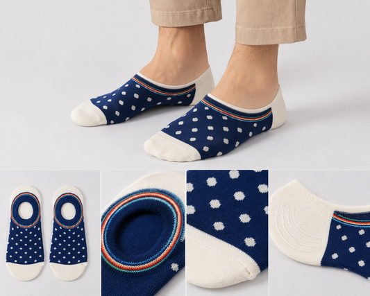BASIQ Navy Blue White No-Show Socks – Non-Slip Invisible Cotton Boat Socks