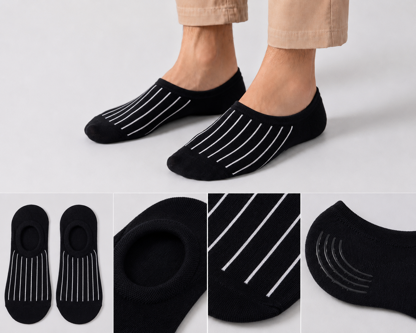 BASIQ Retro Black White lines No-Show Socks – Non-Slip Invisible Cotton Boat Socks