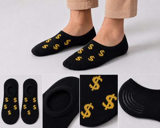 BASIQ Dollar Pattern Black No-Show Socks – Non-Slip Invisible Cotton Boat Socks