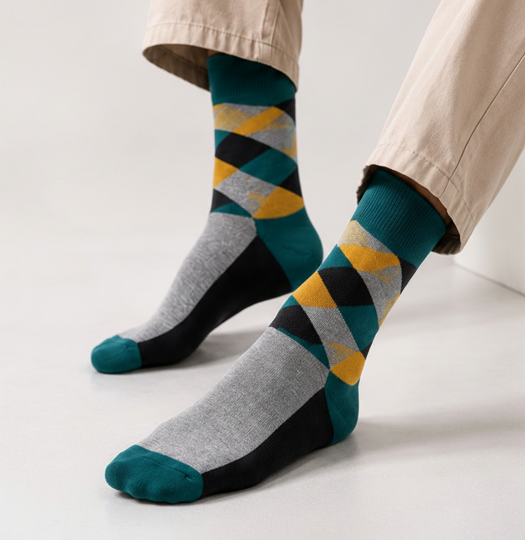 BASIQ Heritage Argyle Crew Socks – Green, Gray & Black