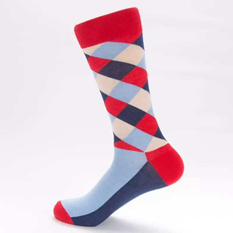 BASIQ Heritage Argyle Crew Socks – Red, Navy & Sky Blue