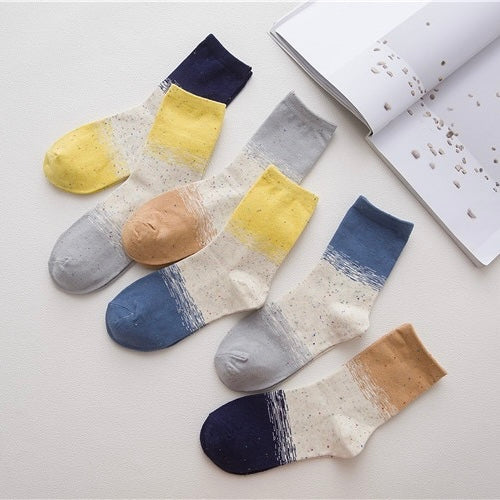 BASIQ Women’s Korean-Inspired Color Block Cotton Crew Socks - Random color
