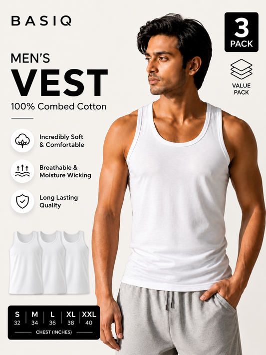 BASIQ Men’s vest (3 Pack) – 100% Combed Cotton (Copy)