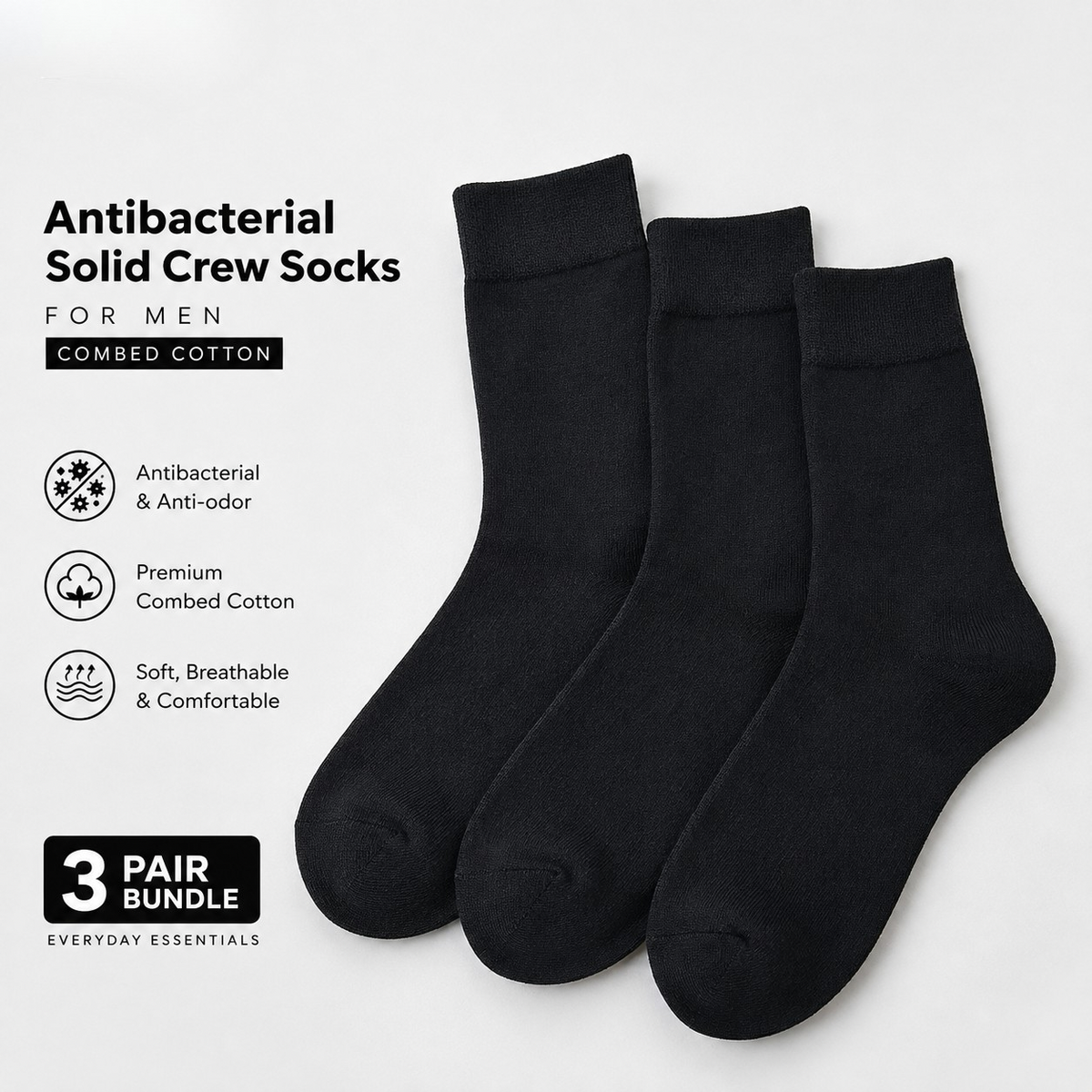3 Pair BASIQ Bundle - Signature Antibacterial Crew Socks - All Black for Men