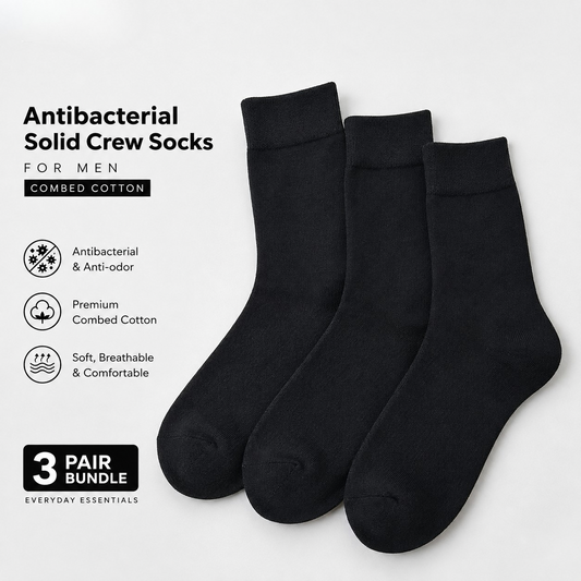 3 Pair BASIQ Bundle - Signature Antibacterial Crew Socks - All Black for Men