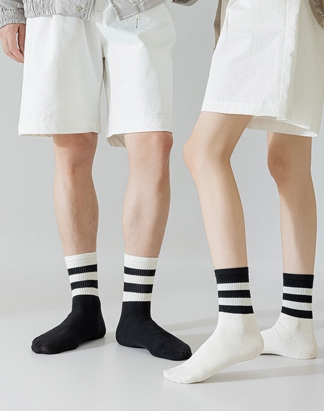 BASIQ Couple Stripe Crew Sports Socks Black Two Bar - Combed Cotton, Seamless