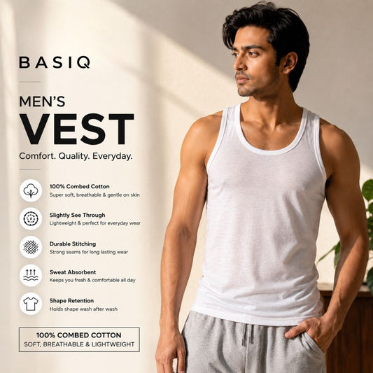 BASIQ Men’s Vest – 100% Combed Cotton | Soft & Breathable Everyday Essential