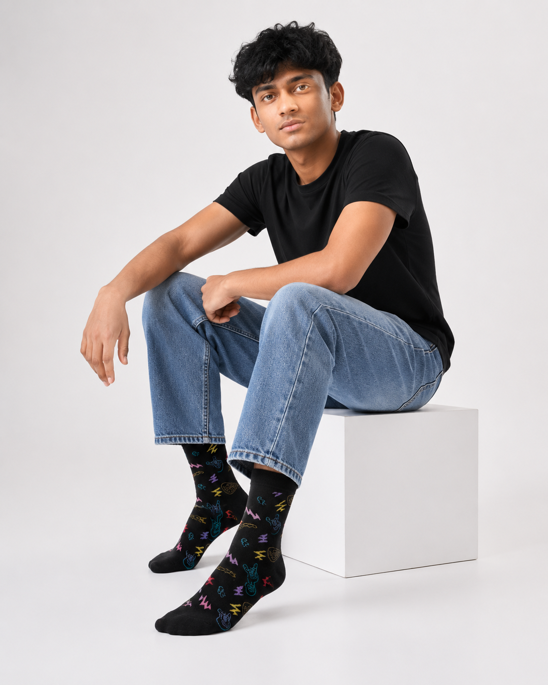 BASIQ Rock & Roll Crew Socks – Black Neon Guitar