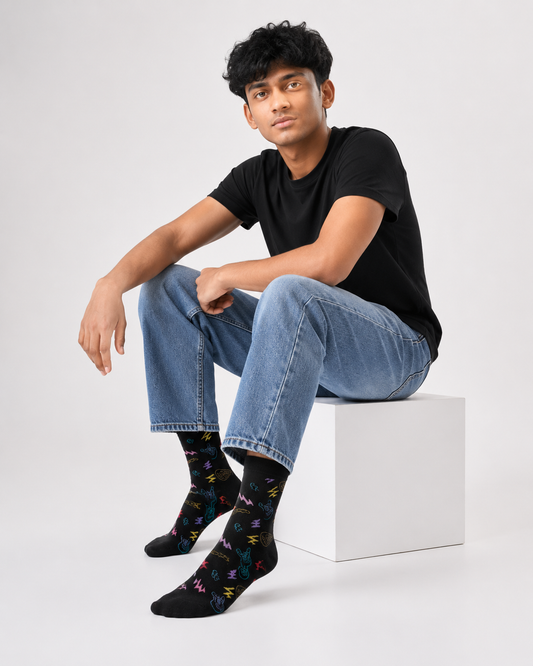 BASIQ Rock & Roll Crew Socks – Black Neon Guitar