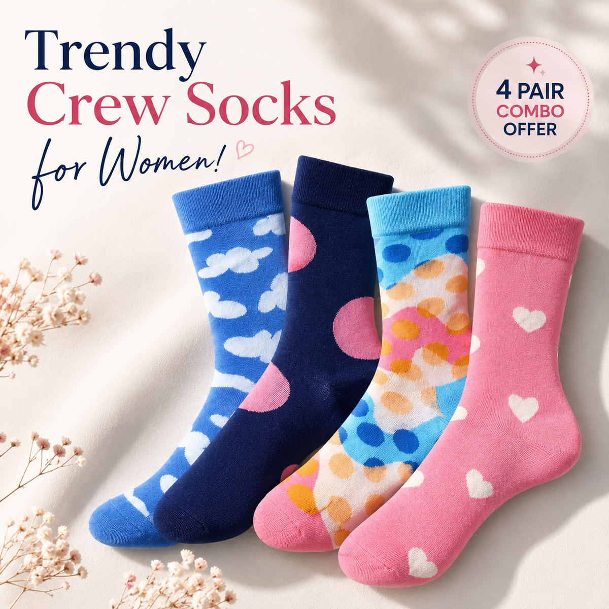 4 Pair BASIQ Bundle - Trendy Crew Socks for Women