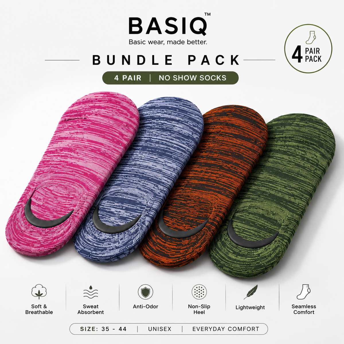 4 Pair BASIQ Bundle - Cotton Ethnic Invisible Socks | No-Show, Anti-Slip Silicone Grip, Breathable Unisex Loafer Socks
