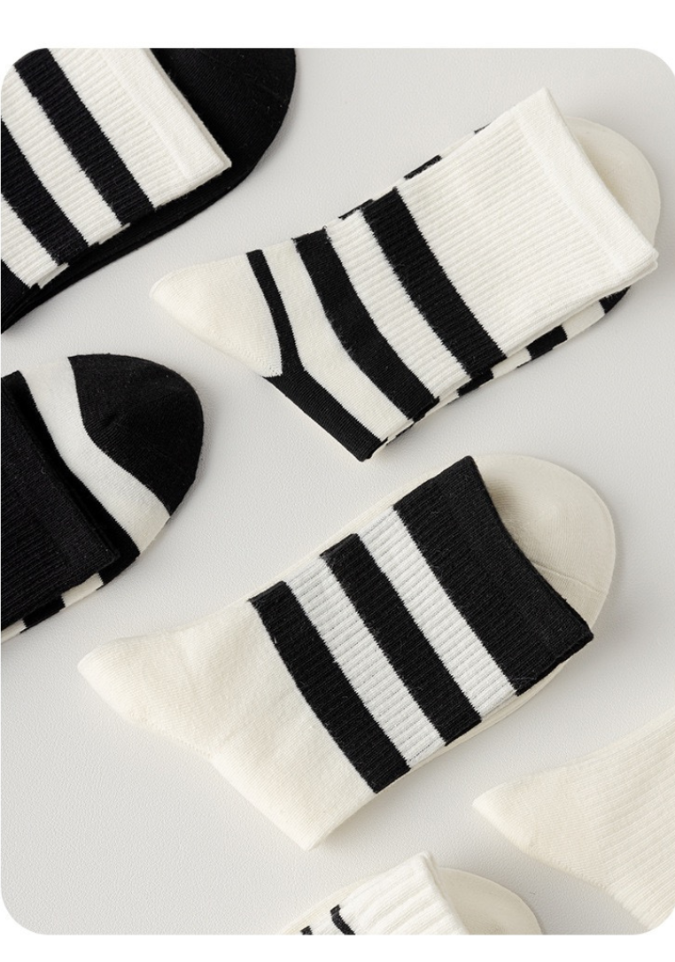 BASIQ Couple Stripe Crew Sports Socks Black Two Bar - Combed Cotton, Seamless
