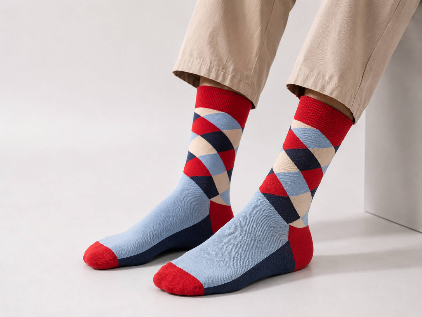 BASIQ Heritage Argyle Crew Socks – Red, Navy & Sky Blue