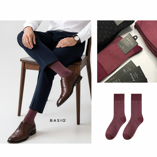 BASIQ Men’s Premium Herringbone Crew Socks – Antibacterial Cotton Dress Socks | Burgundy