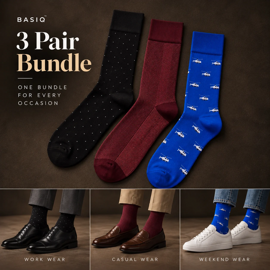 BASIQ 3 Pair Men’s Socks Bundle – Black Micro Dot, Burgundy Herringbone & Royal Blue Helicopter
