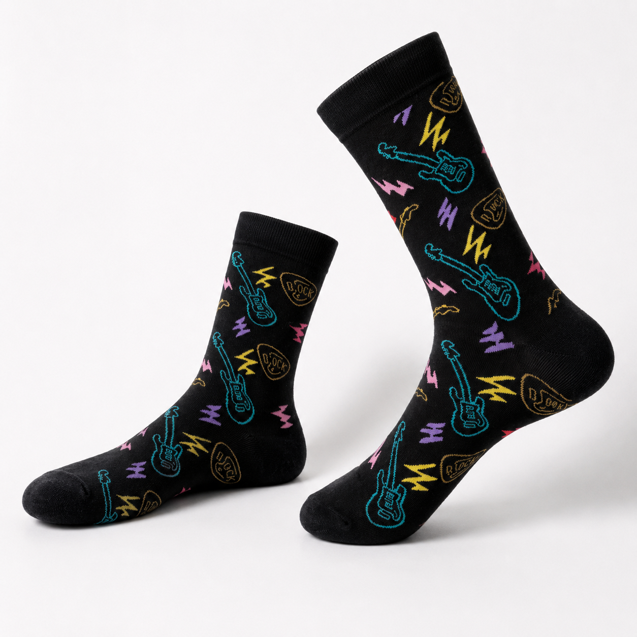 BASIQ Rock & Roll Crew Socks – Black Neon Guitar