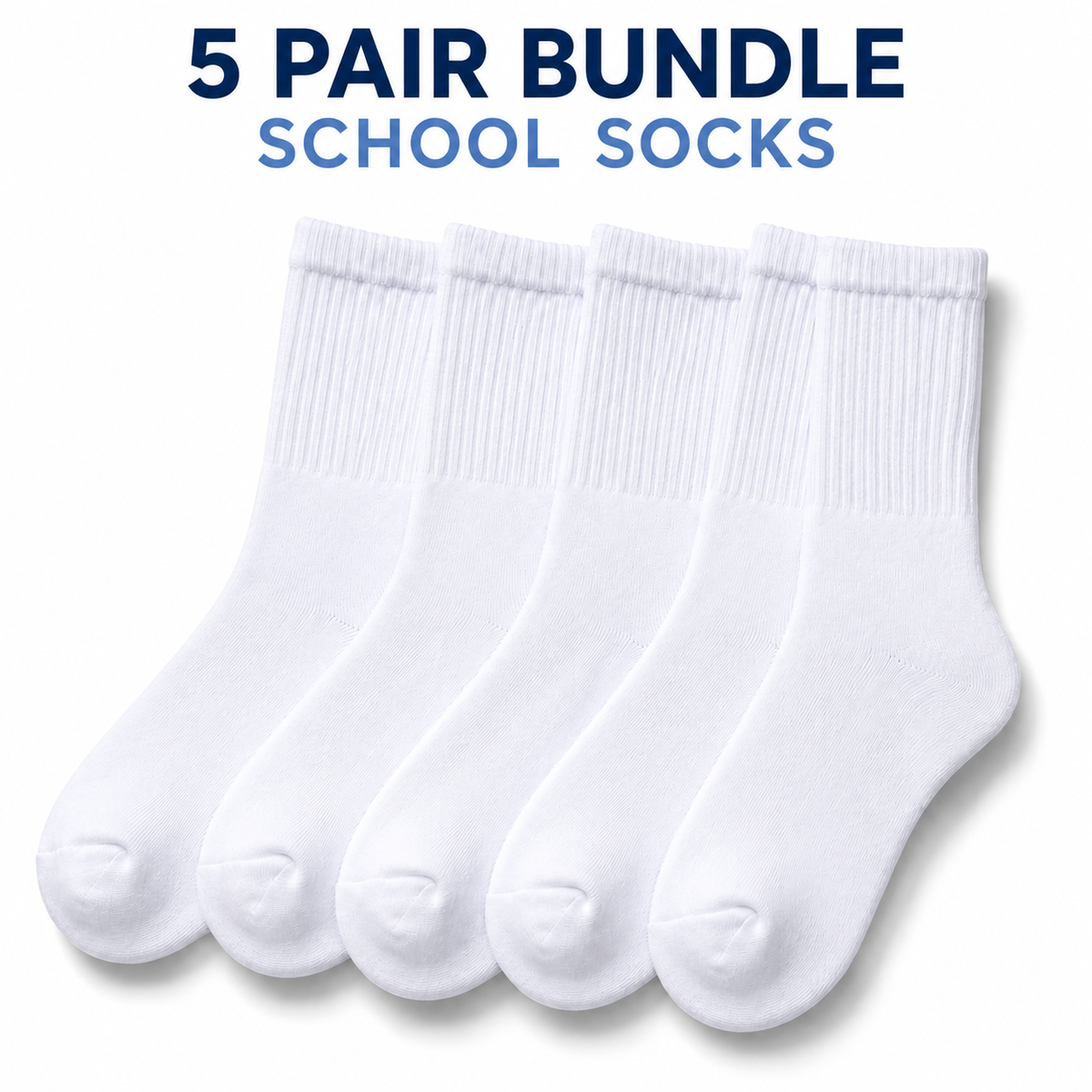 BASIQ School Socks — 5 Pair Bundle | White | Ages 6–14