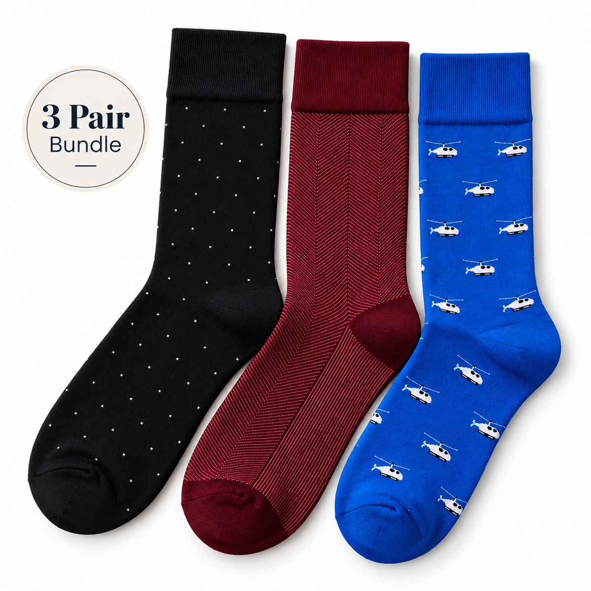 BASIQ 3 Pair Men’s Socks Bundle – Black Micro Dot, Burgundy Herringbone & Royal Blue Helicopter