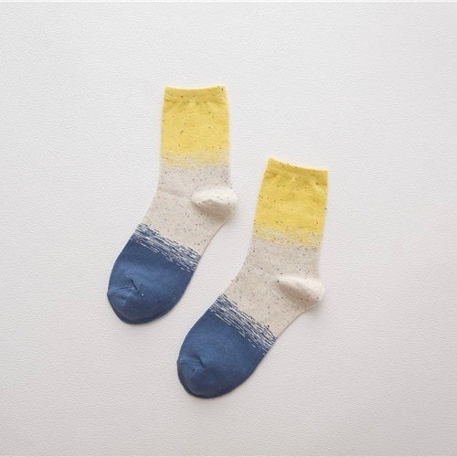 BASIQ Women’s Korean-Inspired Color Block Cotton Crew Socks - Random color