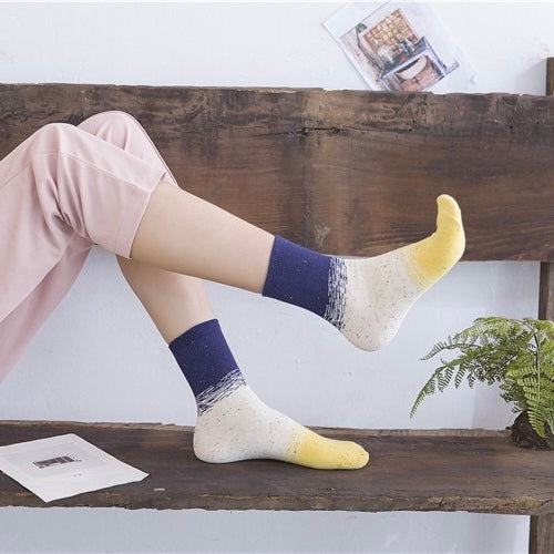 BASIQ Women’s Korean-Inspired Color Block Cotton Crew Socks - Random color