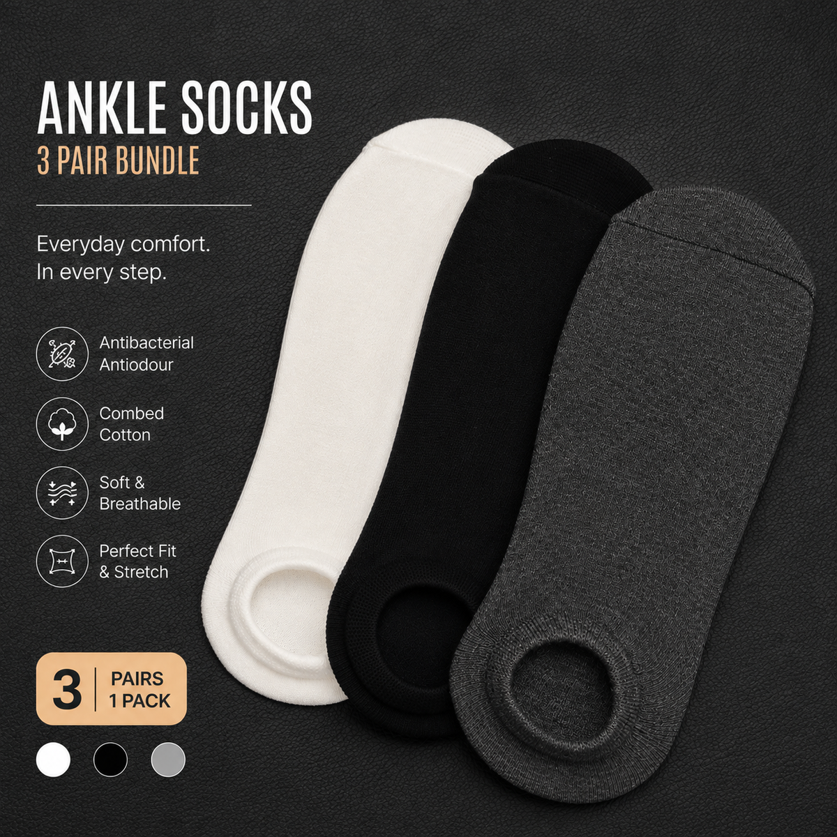 3 pair BASIQ Bundle - Solids No-show ankle socks - unisex