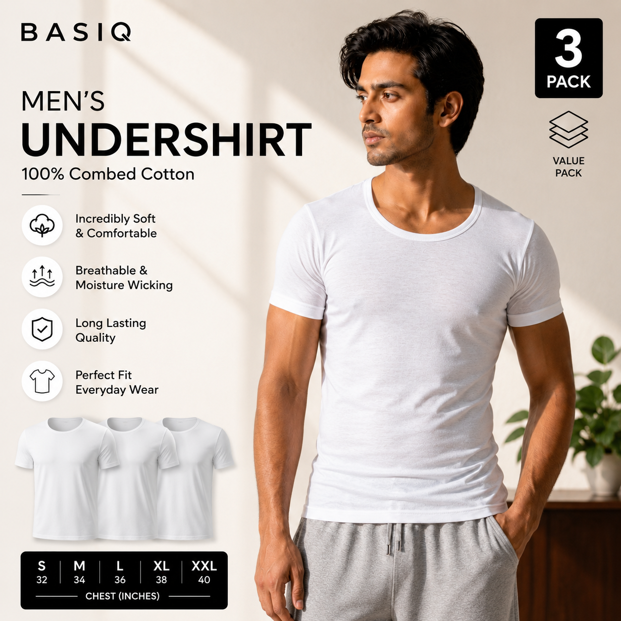 BASIQ Men’s Undershirt (3 Pack) – 100% Combed Cotton