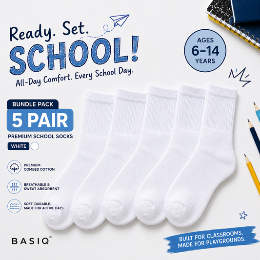 BASIQ School Socks — 5 Pair Bundle | White | Ages 6–14