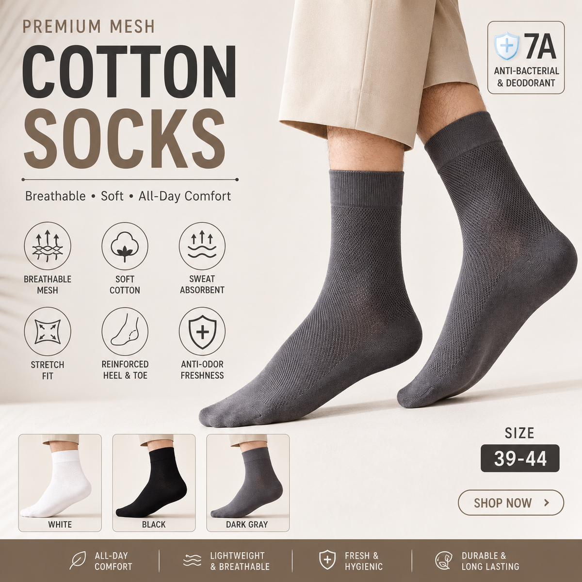 3 Pair BASIQ bundle - Airmesh Crew Solid Socks - Men