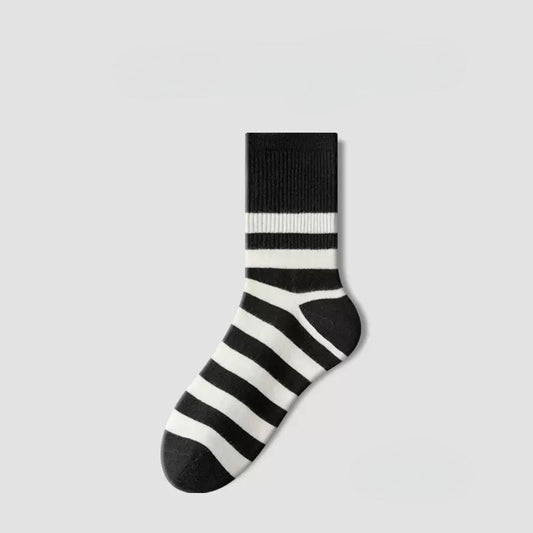 BASIQ Couple Stripe Crew Sports Socks Thick Black Stripes - Combed Cotton, Seamless