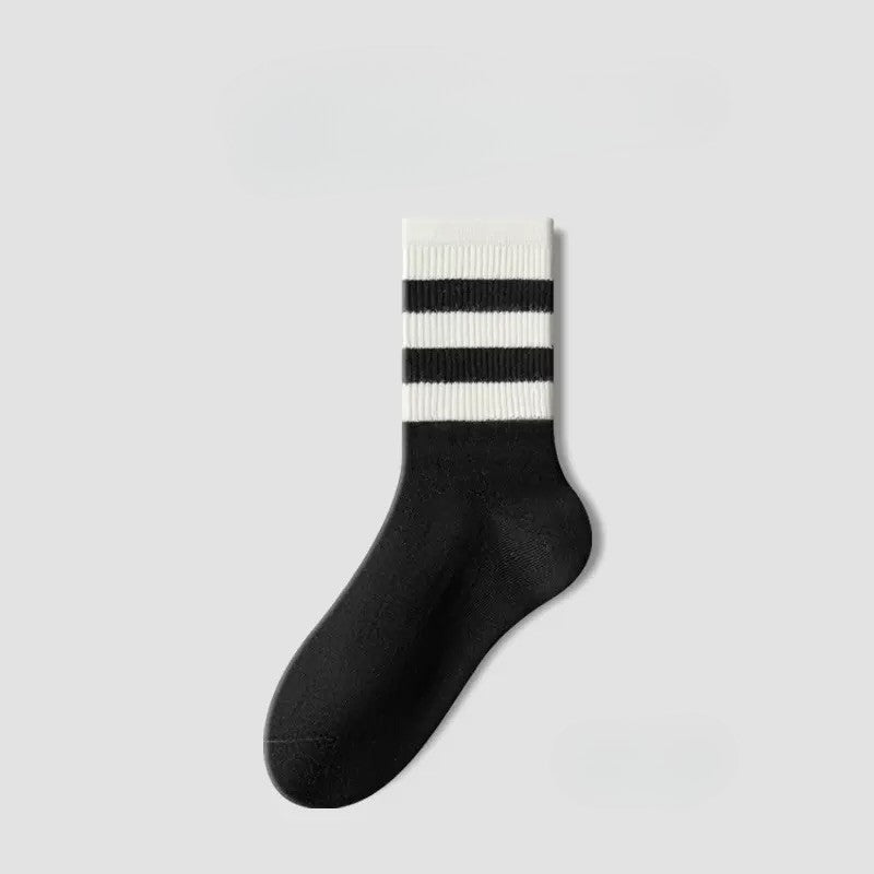 BASIQ Couple Stripe Crew Sports Socks Black Two Bar - Combed Cotton, Seamless