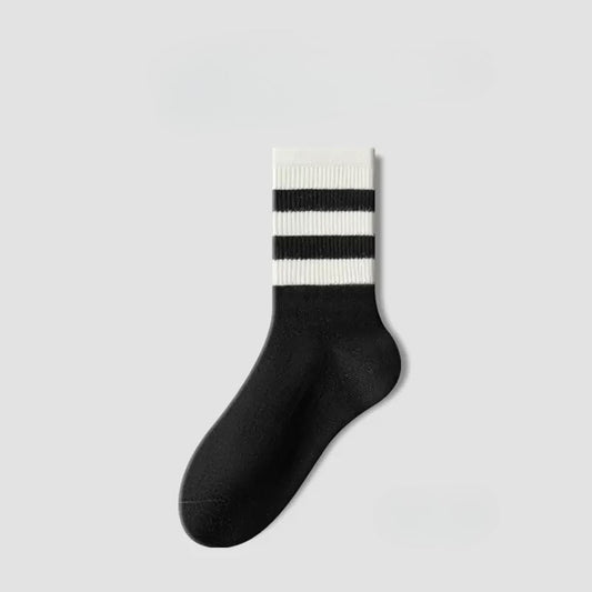 BASIQ Couple Stripe Crew Sports Socks Black Two Bar - Combed Cotton, Seamless