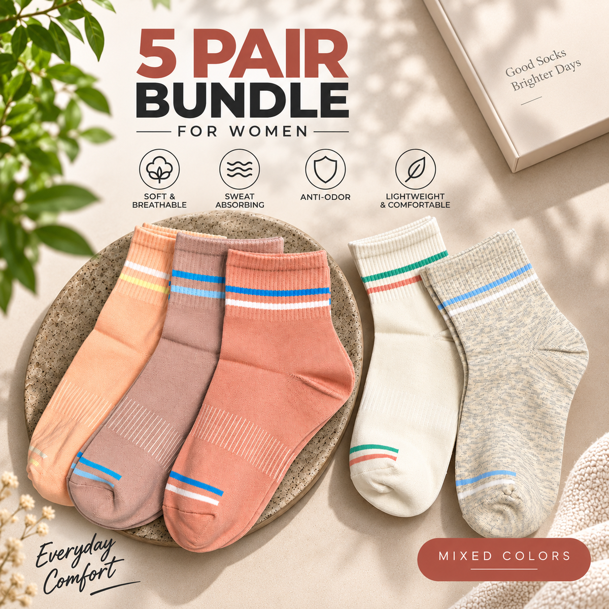 BASIQ 5 Pair Bundle - Women's Pastel Stripe Cotton Socks
