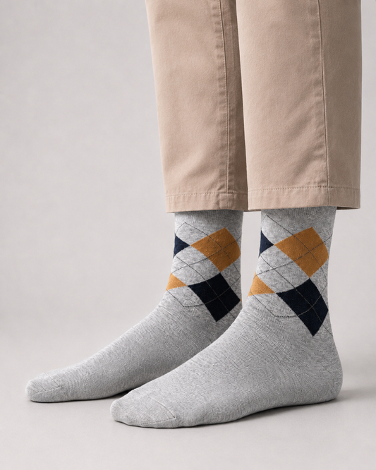 BASIQ Classic Argyle Crew Socks – Light Gray & Mustard