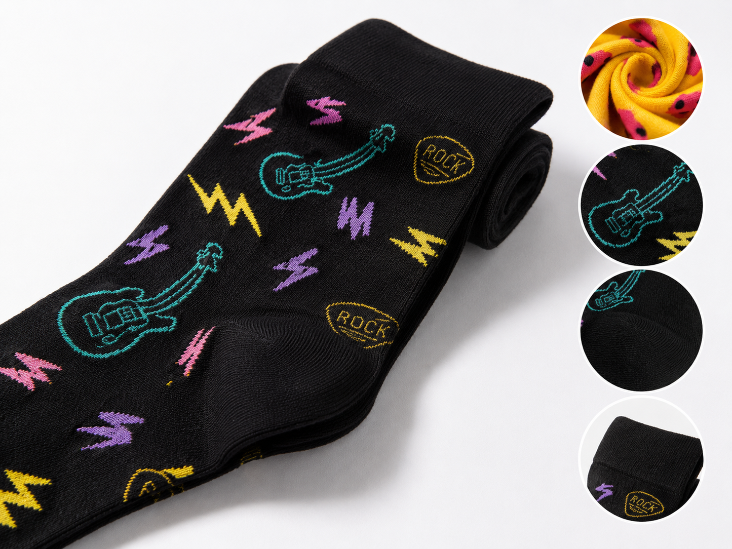 BASIQ Rock & Roll Crew Socks – Black Neon Guitar