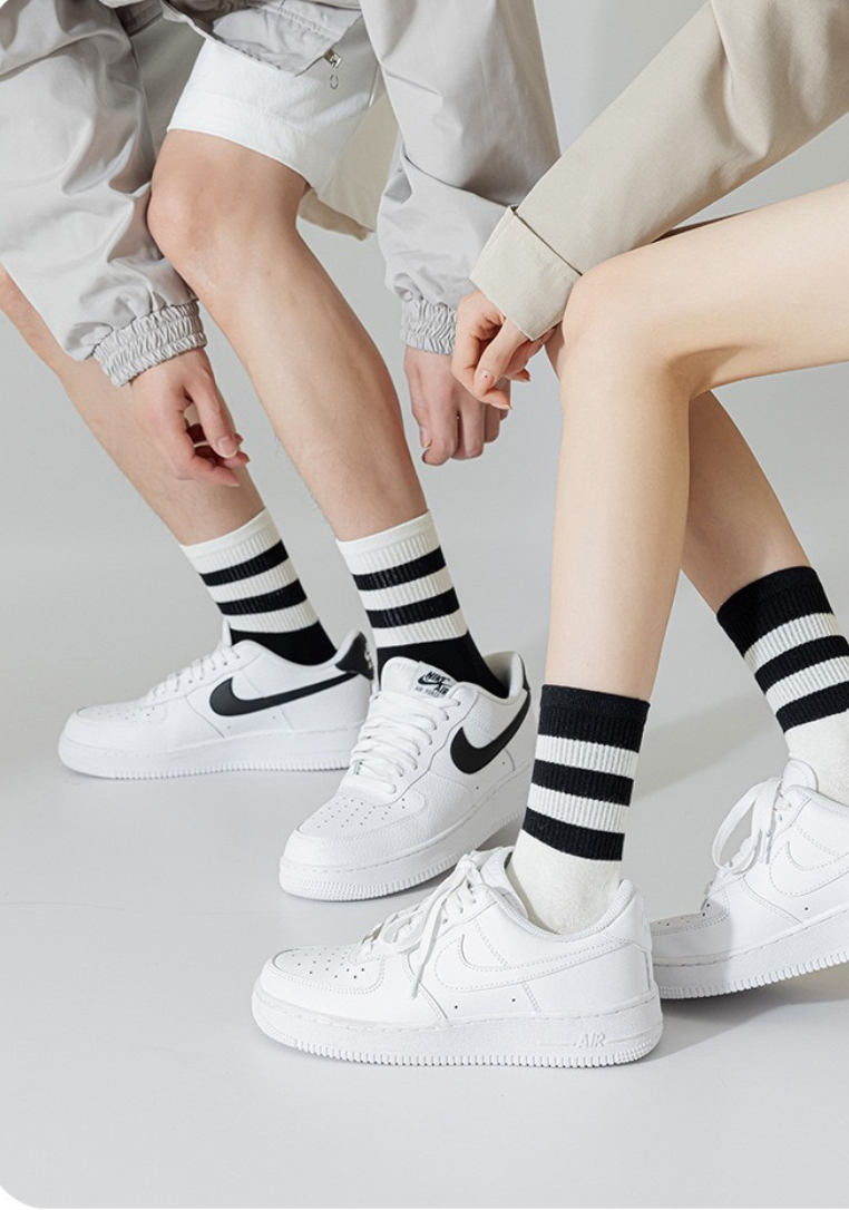 BASIQ Couple Stripe Crew Sports Socks Black Two Bar - Combed Cotton, Seamless