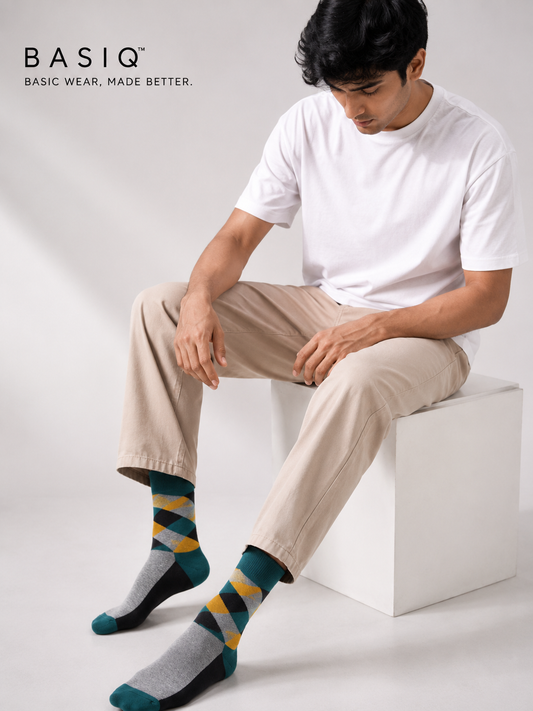 BASIQ Heritage Argyle Crew Socks – Green, Gray & Black
