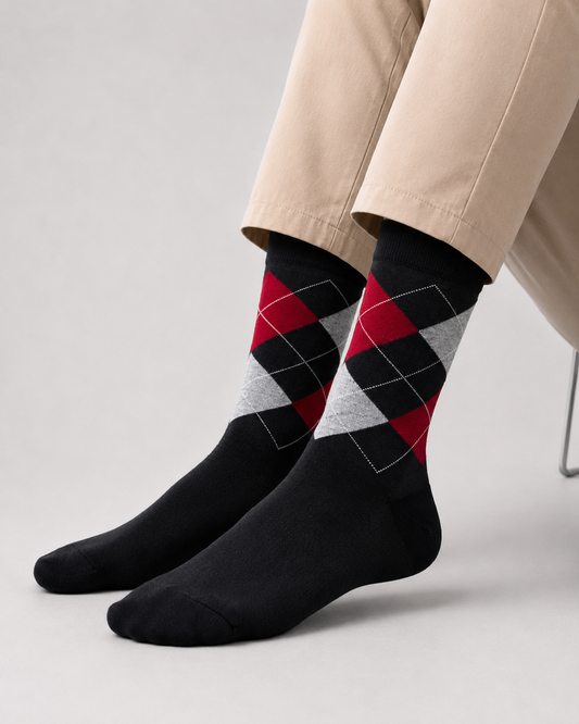 BASIQ Classic Argyle Crew Socks – Black, Gray & Red