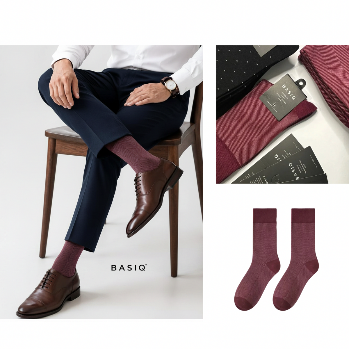BASIQ 3 Pair Men’s Socks Bundle – Black Micro Dot, Burgundy Herringbone & Royal Blue Helicopter