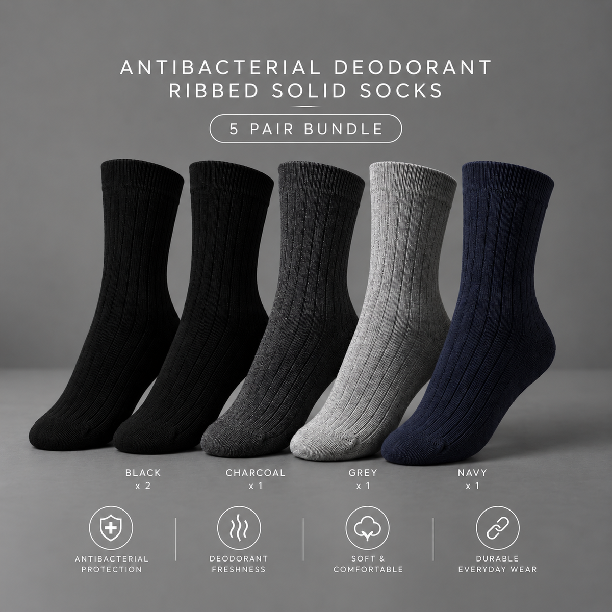 5 Pair BASIQ Bundle - Antibacterial Ribbed Combed Cotton Crew Socks - For Men