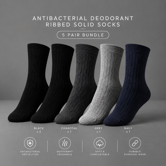 5 Pair BASIQ Bundle - Antibacterial Ribbed Combed Cotton Crew Socks - For Men