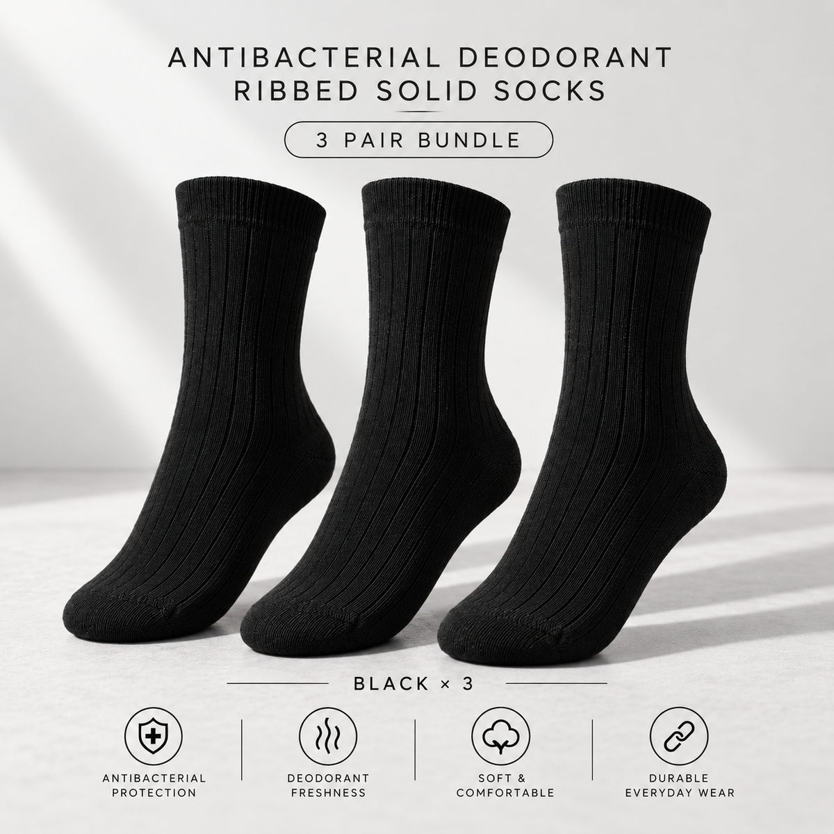 Antibacterial Deodorant Ribbed Solid Socks — 3 Pair Black Bundle