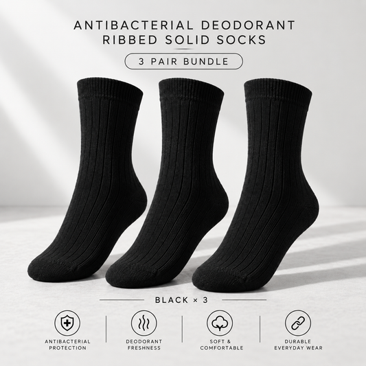 Antibacterial Deodorant Ribbed Solid Socks — 3 Pair Black Bundle