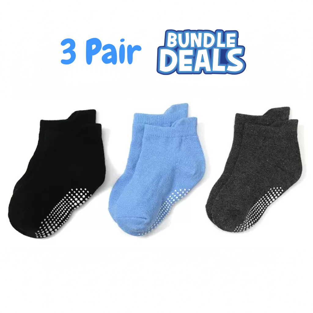 BASIQ Kids Anti slipping Solid Socks Bundle black Blue Gray (3 Pairs)