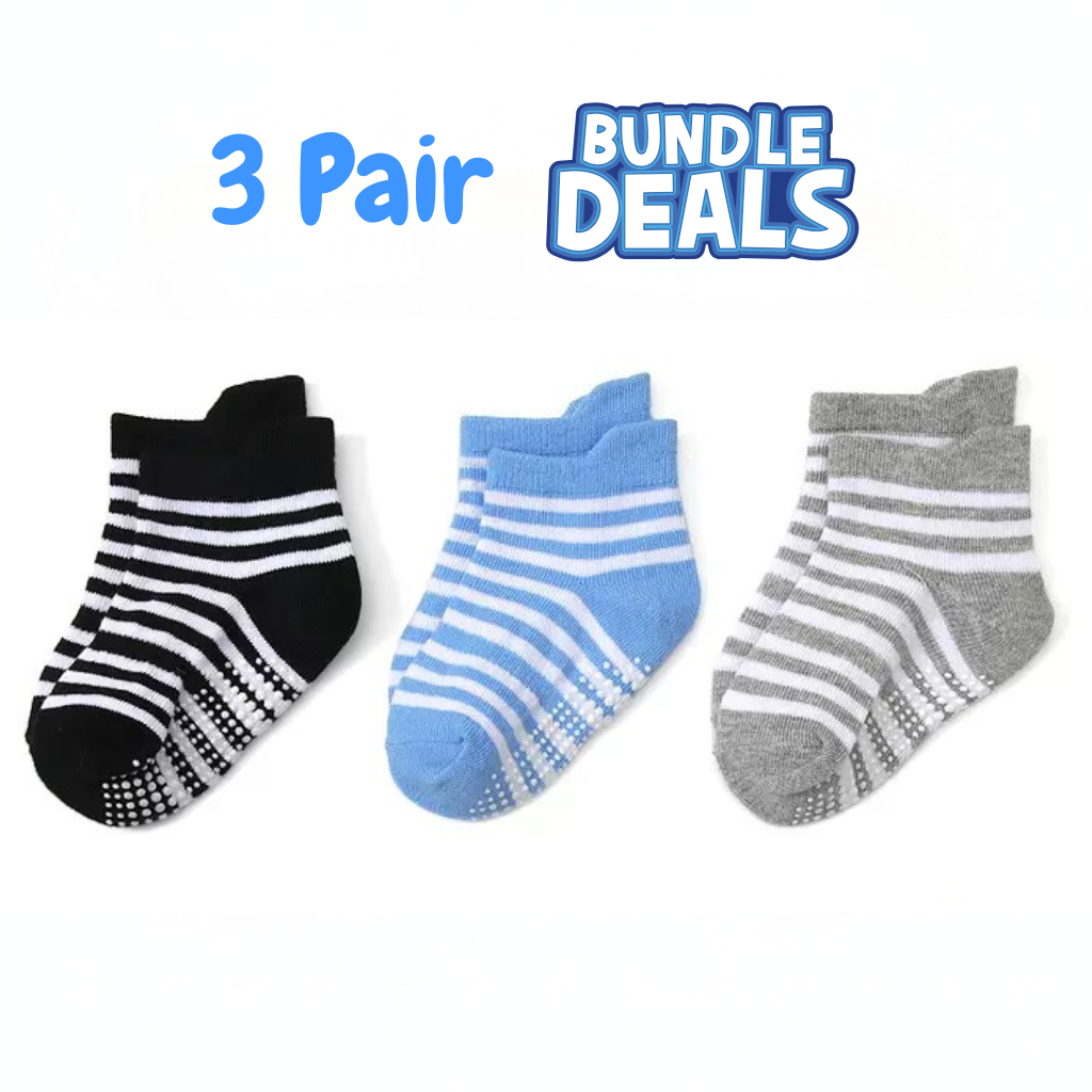BASIQ 3 Pair Bundle kids Stripe Anti slip Combed Cotton black blue gray