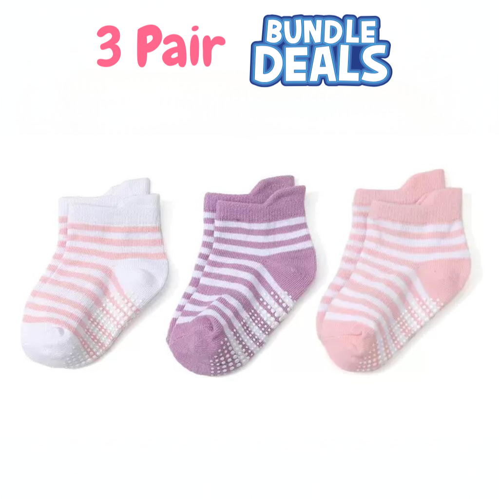 BASIQ 3 Pair Bundle kids Stripe Anti slip Combed Cotton Girl socks pink purle